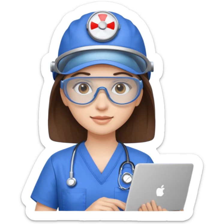 i need a brunette young woman in blue scrubs with brown eyes fair skin with safety goggles on and a laptop for research  healthcare research no safety helmet sticker