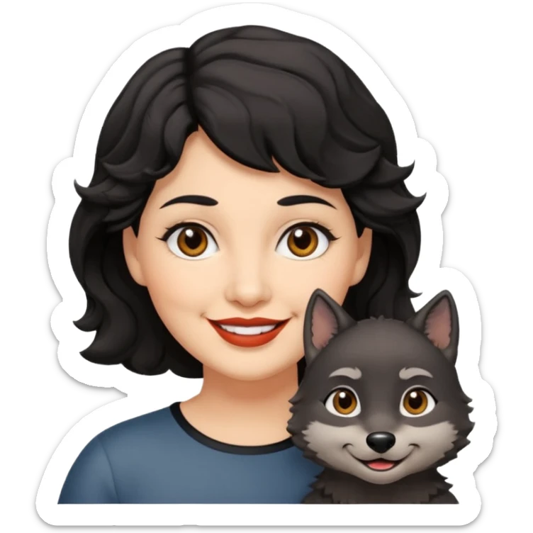 woman 60, brown eyes, very short black wavy wolf cut hair, chubby smile sticker