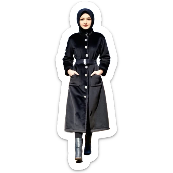 Siyah uzun saçlı siyah ceket  polar ceket ceket gevşek biraz omzundan çıkıyormuş gibi ve bugday ten rengi soltaraftaki omzundan çıkık sadece içinde de siyah crop var crop açık esmer esmer sticker