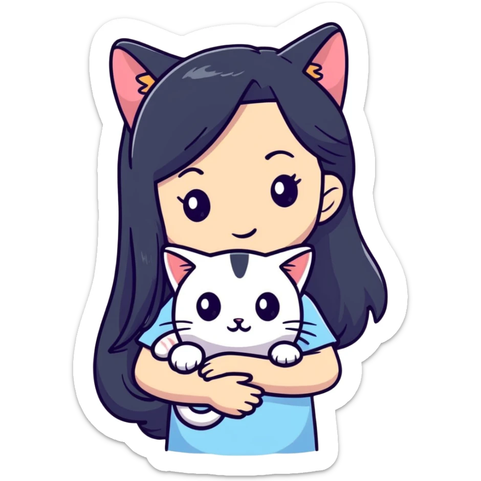 beautiful girl with long black hair holding a hairless cat sticker