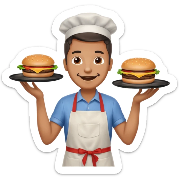 A cheerful man in an apron flipping burgers on a sizzling grill with smoke puffing upward. sticker