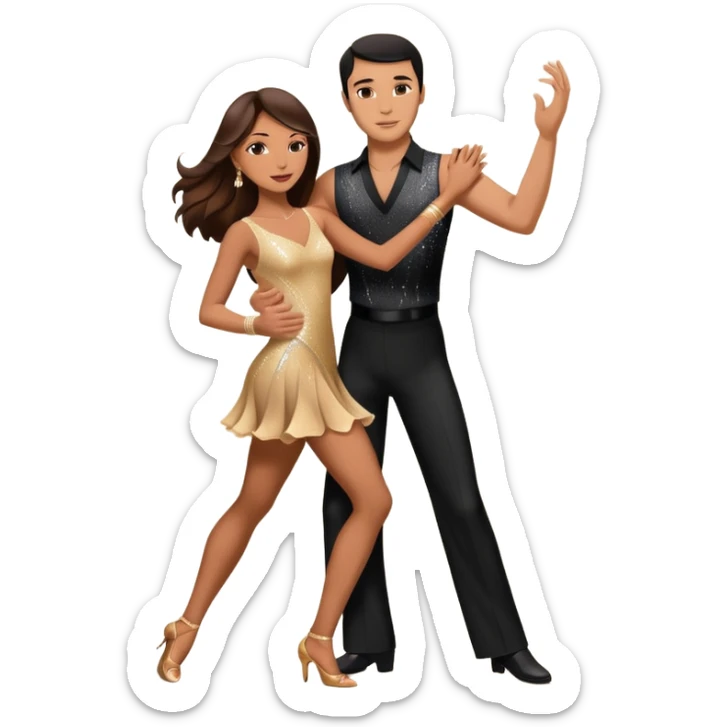 Photorealistic dancesport professional latin couple dancing the rumba at the competition dancefloor, the women is in skinny sparkly dress, the women has brown very long hair, the man has short black hair, the man hold woman's hand by his one hand and his second hand is on the women's waist  sticker