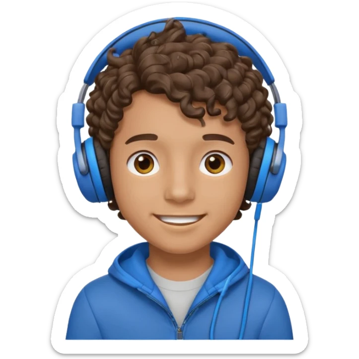 A boy with curly hair and tan skin and a happy face with blue headphones  sticker