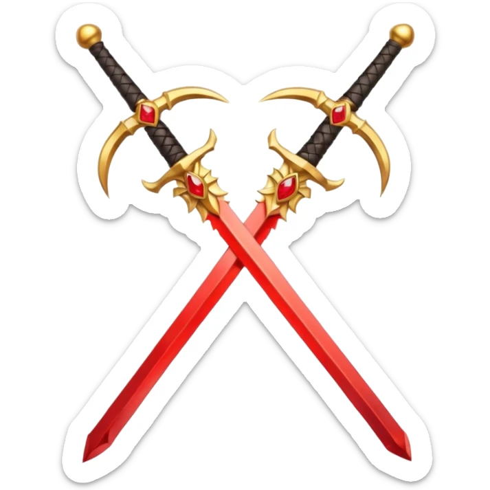 Two crossed swords that are golden in blade and handle and have fiery and royal appearence to them as well as red gem stones sticker