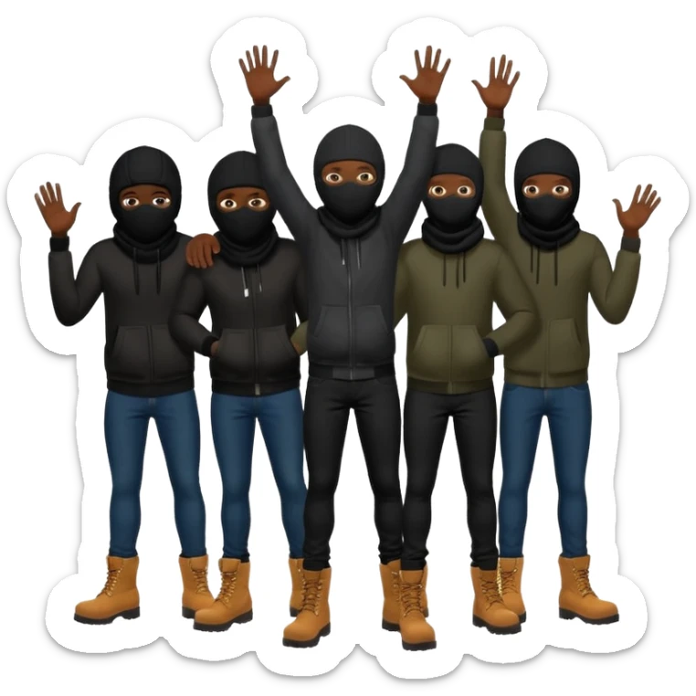 Group of African American men with ski masks covering their face wearing black skinny jeans and timberland boots all holding their hands out sticker