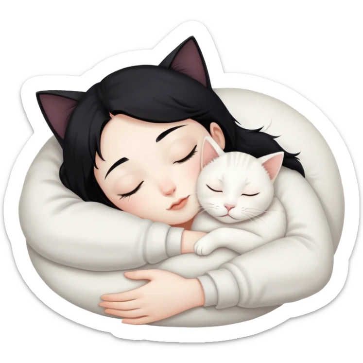a black hair sleep hugs one white jinjila cat,the cat’s eyes are open sticker