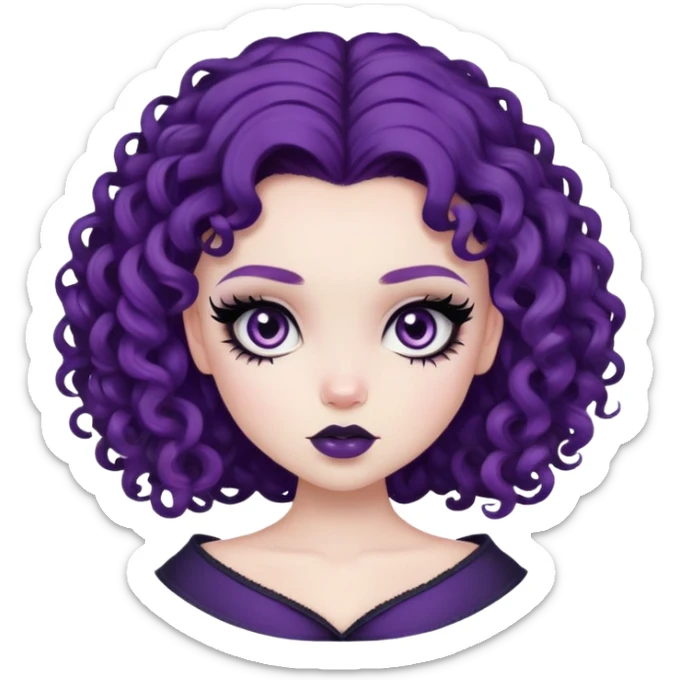 curly dark purple hair, pale skin, dark black eyes, pretty bratz baddie, black eyeliner, blush sticker