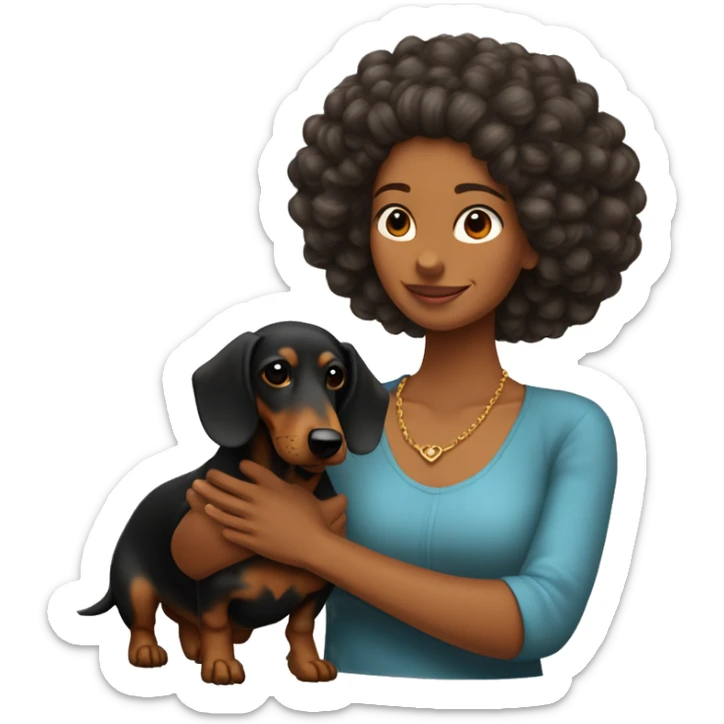 mujer mulata con pelo afro haciendo el simbolo de paz con perro dachshund  sticker