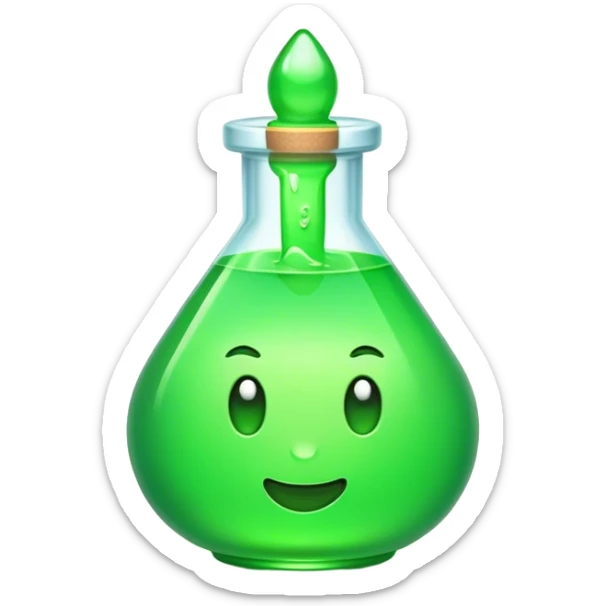 Clash of Clans aesthetic: Cinematic Playful Pixel 3D green health Potion Emoji, rendered in a 3D vector-style similar to standard emojis with minimal shading and bold, simplified shapes. A compact, distinct form with signature details, softly glowing with a pixelated adventure charm. Simplified yet unmistakably iconic, highly detailed and consistent, glowing with a soft radiance and high shine. Stylized with a touch of classic pixel-art charm and a soft glowing outline, capturing the essence of a beloved gaming relic with a friendly, playful manner! sticker