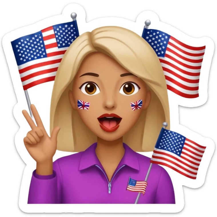 a woman is talking and the English and American flags are coming out sticker
