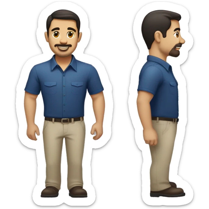  emoji of a man with short dark hair, clean-shaven, goatee and mustache.  wearing a formal button-up dark blue shirt,  smiling  with a smartwatch on his wrist.  resemble professional attire. smaller eyes  sticker