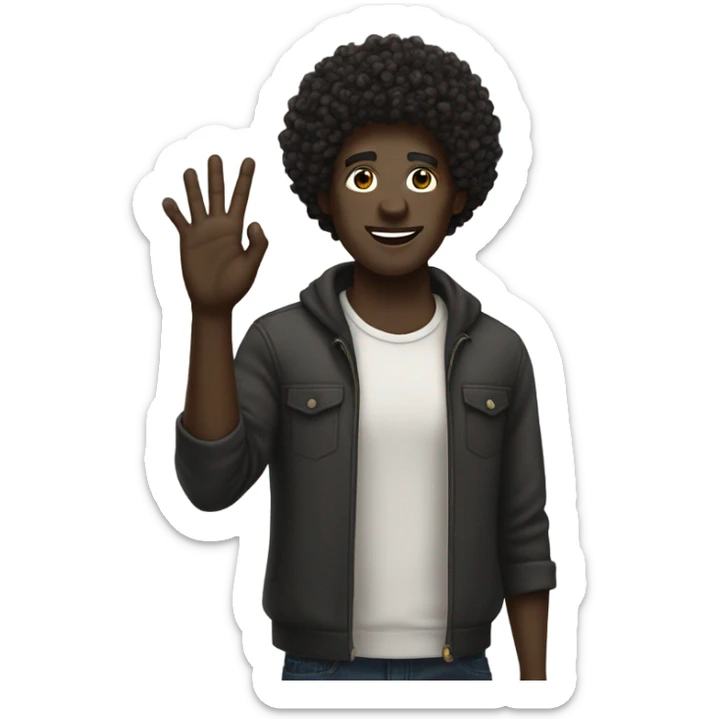 dark skin, black afro curly man Raising Hand, street wear style, twink, intricate face sticker