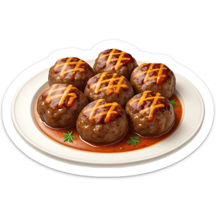 Cinematic Realistic Kofte Dish Emoji, depicted as seasoned, grilled meatballs with a charred exterior rendered with lifelike textures and robust, appetizing lighting. sticker