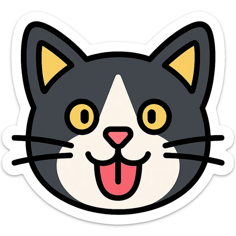 tuxedo cat face, playful, tongue out, lineal color icon with black outlines sticker