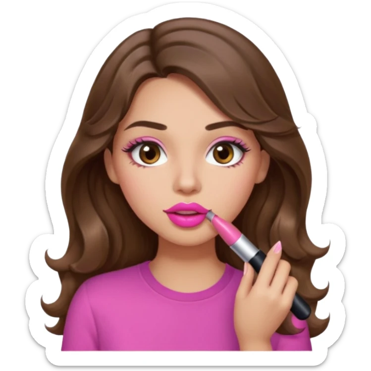 girl with long wavy brown hair, brown eyes, light to medium complexion, in a pink shirt, pink lips, long lashes, puckered lips, putting on lipstick sticker