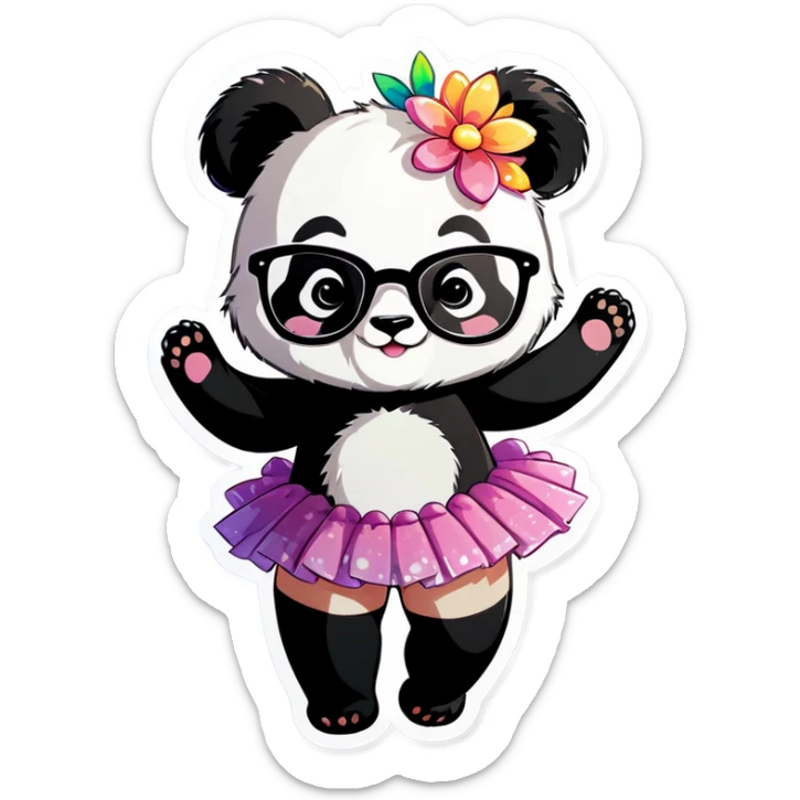 Cute female Panda wearing a tutu and glasses with a flower above 1 ear sticker