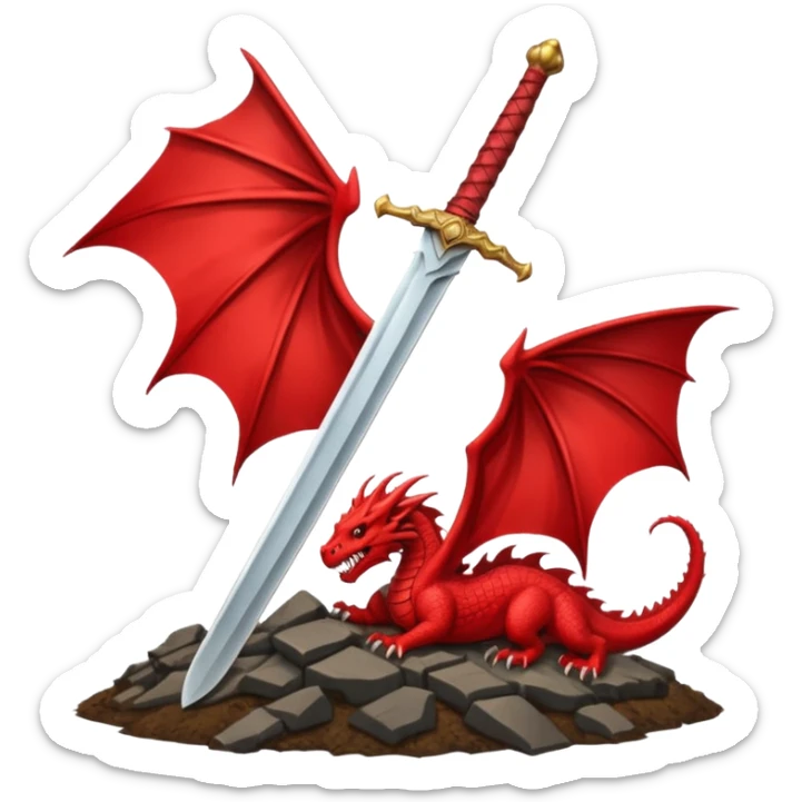 epic emoji in WhatsApp style sword like Guts' from Berserk embedded in the ground with a red banner with dragon head behind symbolizing Slay the dragon clean bold transparent background sticker