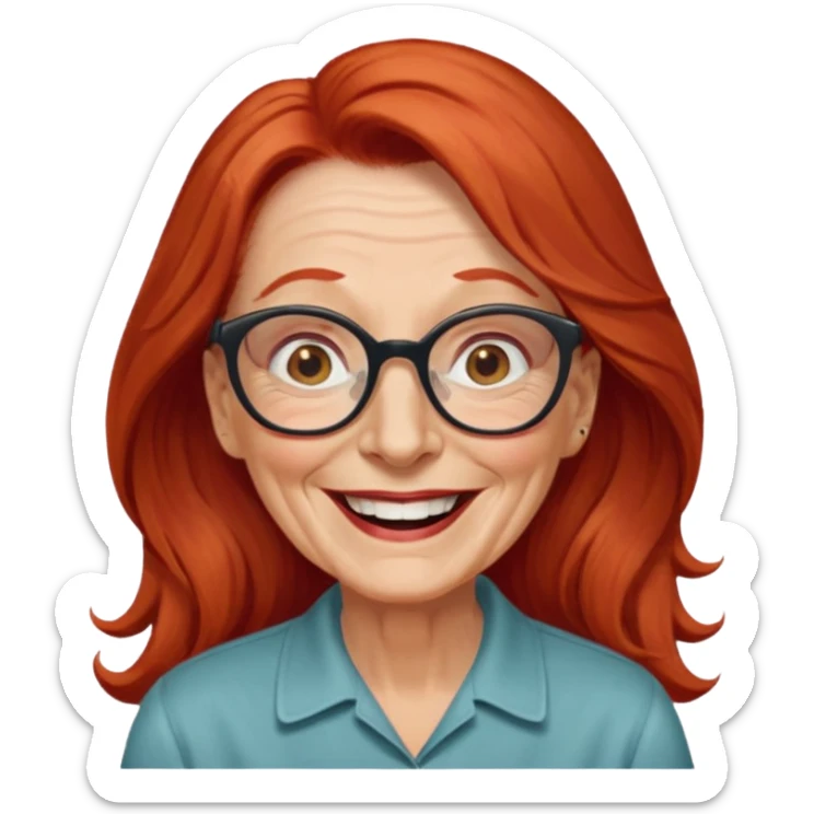 obese; older 50's ; long red hair ; women hazel eyes; glasses ; laughing sticker