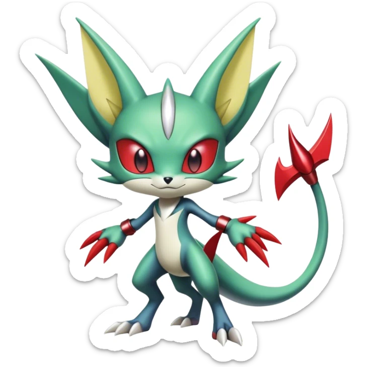 Cute Cool Edgy Shiny Futuristic Ethereal Legendary Kartana-Digimon-Sneasel-Scizor-hybrid full body sticker