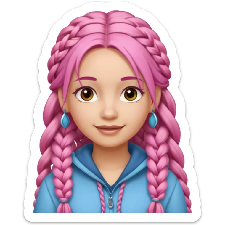 A light-skinned woman with long pink hair styled in braids, brown eyes, and a gentle smile. sticker