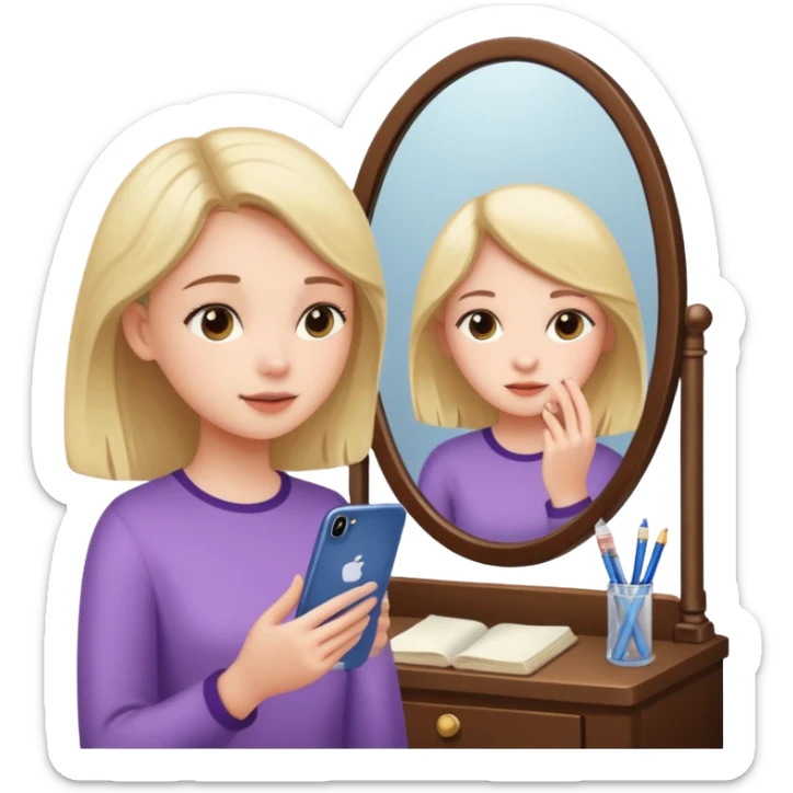 Girl sitting at vanity taking out picture with iphone 15 plus in the mirror and study materials on the vanity sticker