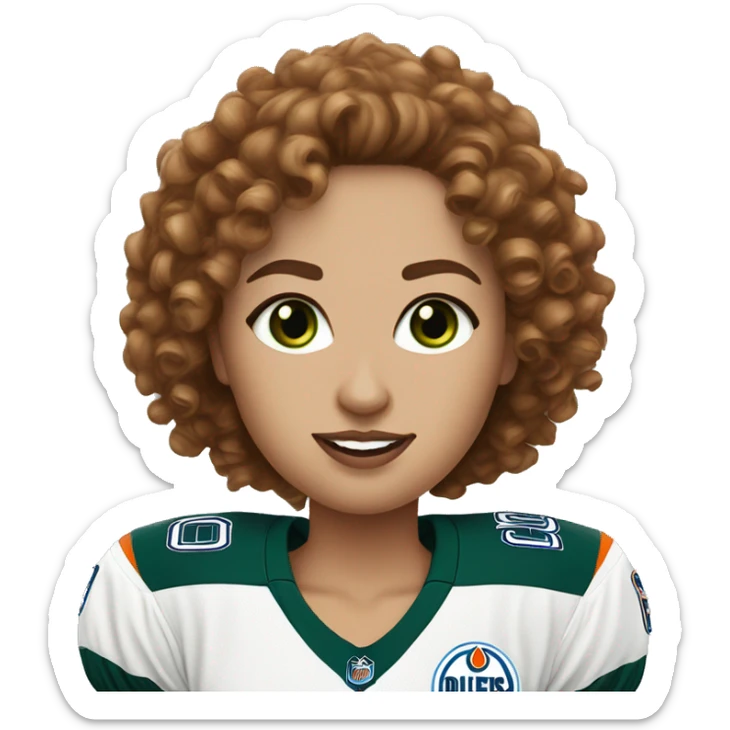 Brown curly hair white woman with green eyes wear an oilers jersey  sticker