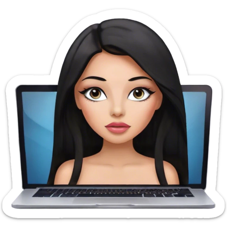 Glamours, tanned, very beautiful girl, with big pump peach-beige-rose lips, eyeliner, long long lashes, black straight smooth silky long hair, straight parting hair, blue-grey eyes with macbook sticker