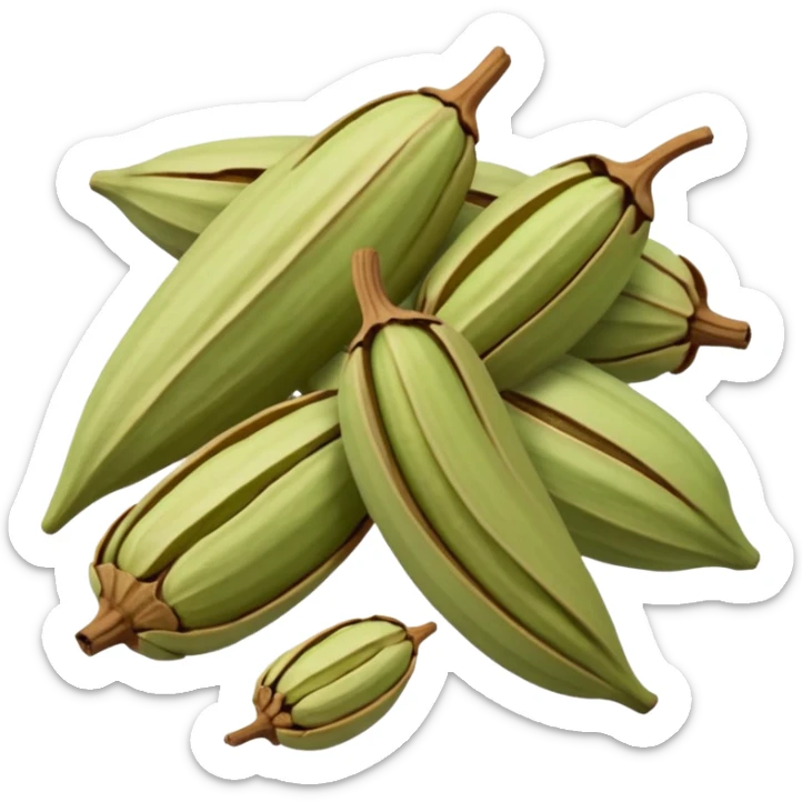 small scatter of whole cardamom pods, oval ridged shape, pale green to light brown hues, slightly wrinkled dry surface, visible seams and pointed ends, aromatic spice seeds inside, apple emoji style, soft lighting, subtle shadows, transparent background, emoji scale sticker