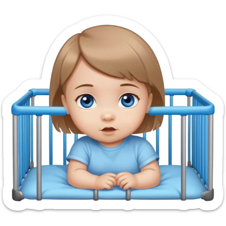 Blue-eyed baby girl with short light brown hair in playpen  sticker