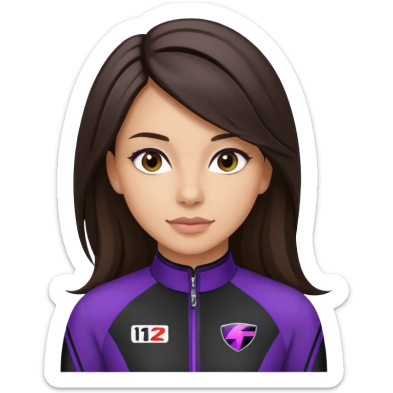 brunette long hair woman with black racing outfit with single purple strip sticker