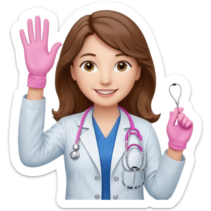 Barbie like emoji of a white woman with brown eyes and long wavy brown hair wearing blue scrubs, white lab coat, pink stethoscope, and raising one hand and a warm smile sticker