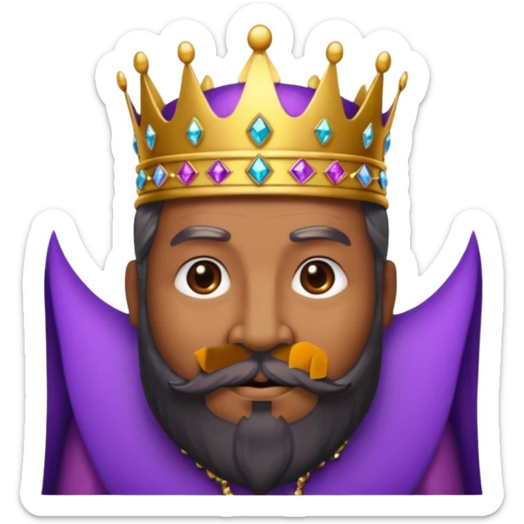 Create a cartoon-style emoji of Baltasar, one of the Three Wise Men. Only show his face and crown. He is older, with a black beard, and a purple and gold jeweled crown. Express warmth and wisdom. Colorful and simple, suitable as an emoji. sticker