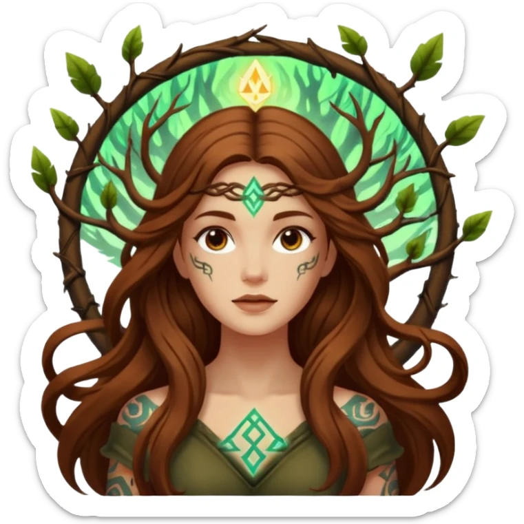 idea moment forest woman long wavy brown hair tattoos glowing rune above head sticker