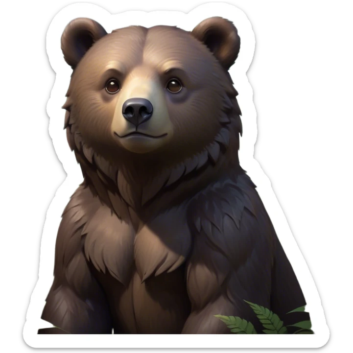 Cinematic Noble bear cub Portrait Emoji, Poised and regal, with a large, imposing build and a thick, well-groomed rich dark brown fur, deep-set soulful eyes, Simplified yet sharp and sophisticated features, highly detailed, glowing with a soft, dignified glow, high shine, intelligent and formidable, stylized with an air of wild majesty, focused and attentive, soft glowing outline, capturing the essence of a watchful and commanding guardian, so majestic it feels as though it could lumber out of the screen with effortless authority! sticker