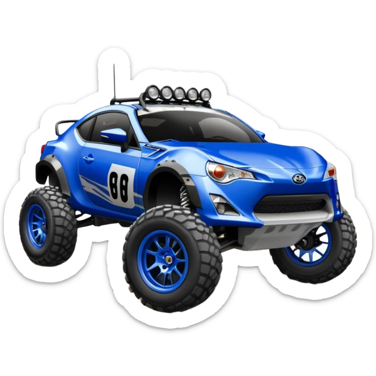 Dirty raced jacked 2013 scion fr-s ultramarine off road 4wd monster Baja dessert stadium rock racer number 86 with long travel suspension, shiny silver wheels, exaggerated wide black fender flares  sticker