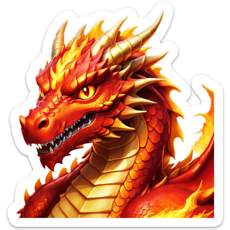 Cinematic Noble Fierce Fire Dragon Portrait Emoji, Poised and imposing, with a muscular, scaled body ablaze in fiery hues of crimson, molten orange, and molten gold, and intense, burning eyes that mirror the heart of a volcano; rendered with lifelike texture and dynamic natural highlights, high shine, formidable and intense, styled with an aura of scorching mythic power, focused and resolute, soft glowing outline, capturing the essence of a legendary inferno poised to ignite the screen with timeless ferocity! sticker