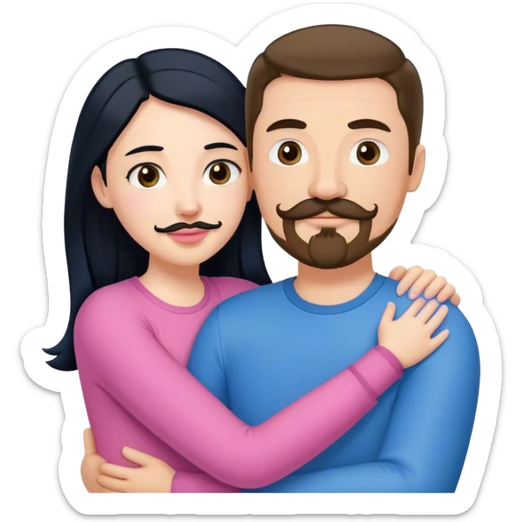 Tall white man with brown mustache goatee wearing blue AND a short pale woman with long black hair wearing pink, hugging sticker