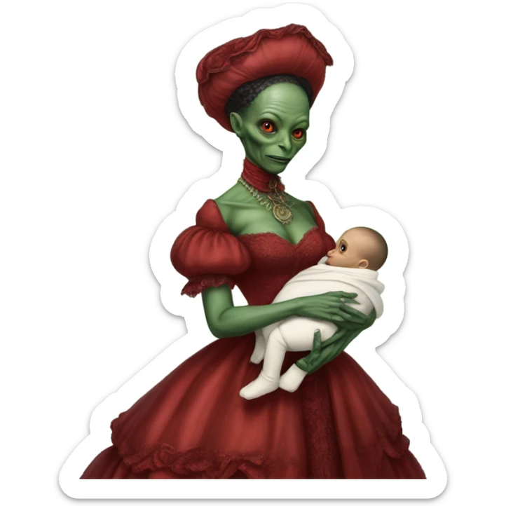 Reptilian alien woman , full body, in victorian red elegant dress , holds a newborn white humman baby sticker