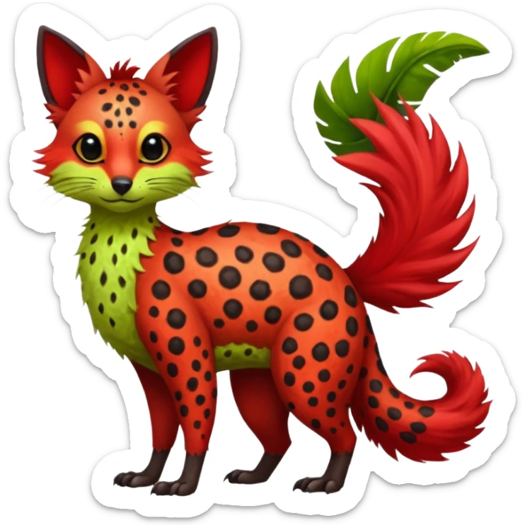 Feral Rare Fantasy vibrant tropical red and sanguine, and lime-collred Vernid-Trico-species-creature by LiLaiRa, random markings, tufted tail, tufted ears, full body sticker