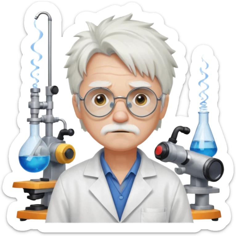Portrait of an eccentric inventor with messy white hair, round goggles on forehead, sad face , wearing a slightly burnt lab coat, background of workshop with blueprints and tools sticker