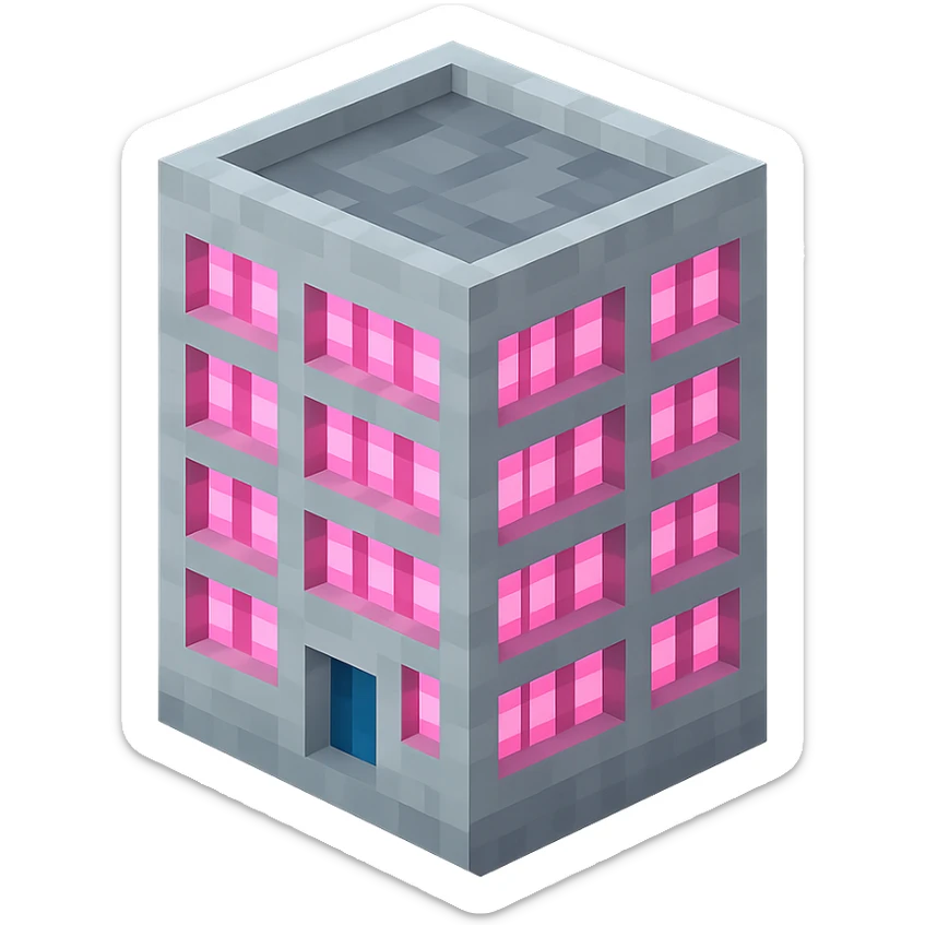 Russian panel apartment building, square block shape, light gray concrete, windows glowing pink, isometric view sticker