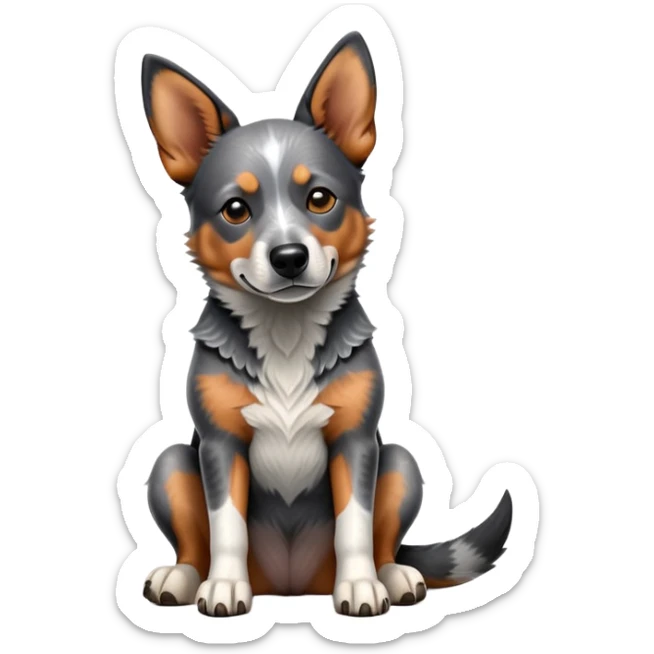 cinematic-[australian catle dog]-realistic-full-body-sitting-emoji,-tail-resting-loosely-beside-its-paws,-head-tilted-dramatically,-sleek-[australian cattle dog]-fur,-simplified-yet-realistic-focused-features,-highly-detailed,-glowing-with-an-almost-sarcastic-glow sticker