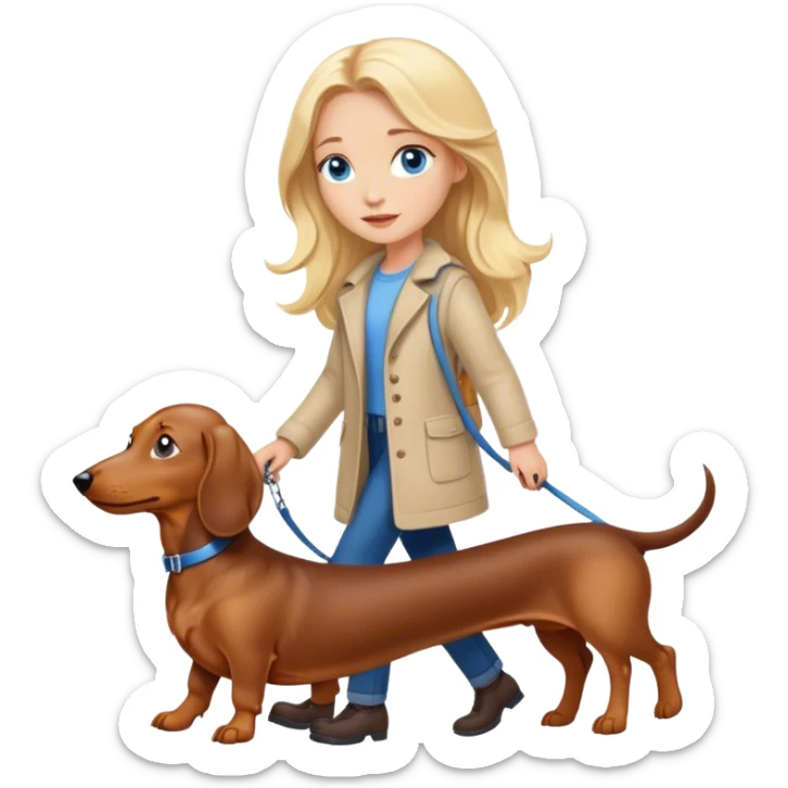 blonde girl with long hair and blue eyes walking with a dachshund sticker