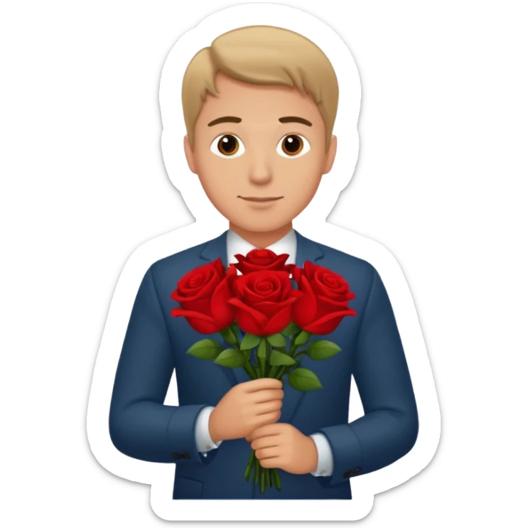 Un homme blanc brun pas en costard qui tien un bouquet de roses dans la main sticker