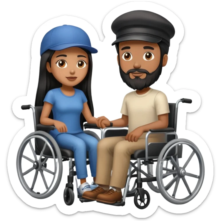 Beige skin man with a beard and cap in a wheelchair and a brown skin woman with long black hair in a wheelchair  sticker