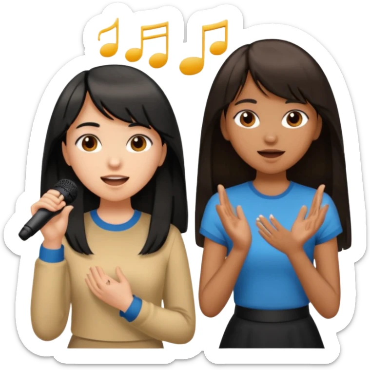 a brown girl with long black hair and a white girl with bangs and brown medium length hair singing together  sticker
