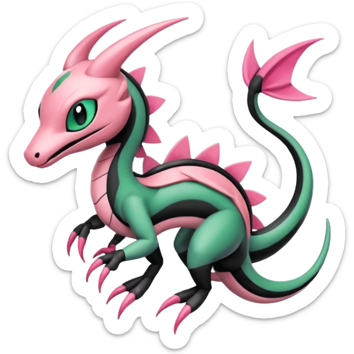 Pink-black-white-gradients Meloetta-Rayquaza-Salandit-Pokémon-Fakémon-creature-fusion-hybrid sticker