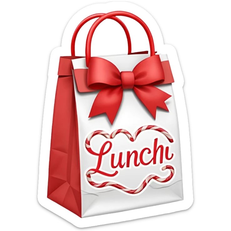 christmas paper lunch bag with the word lunch on it and a bow and candycanes sticker