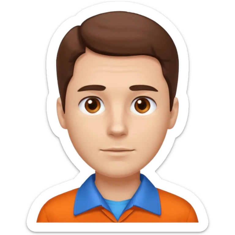 male, white skin, brown hair, brown eyes, orange shirt and blue collarbone, no wrinkles sticker