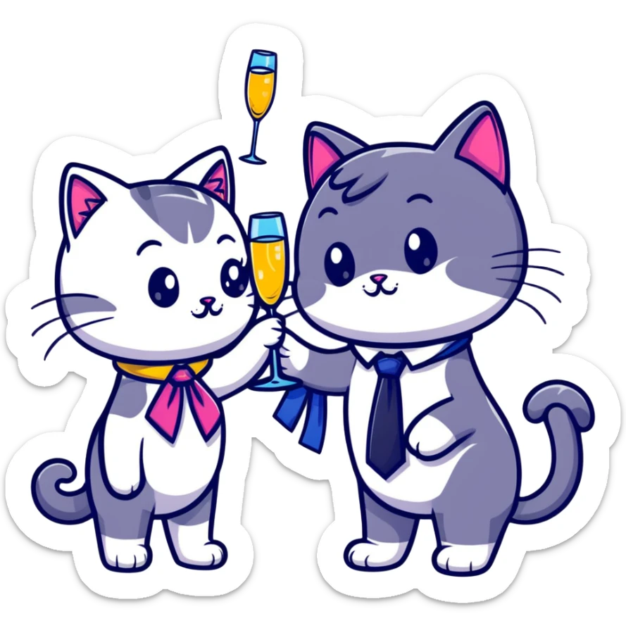 happy girl cat with eyelashes wearing a colorful necktie and happy boy cat wearing a professional necktie clinking champagne glasses together in celebration, both with cheerful expressions sticker